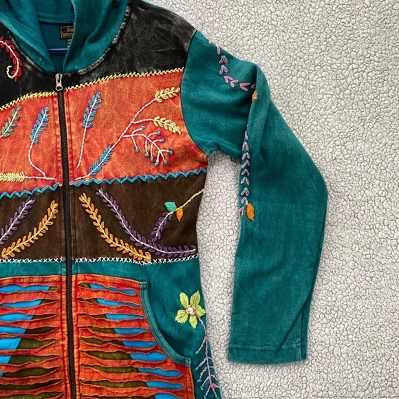 Rising International Hoodie Women's Small Boho Embroidered Sewn Zip Up Cotton - Picture 8 of 11